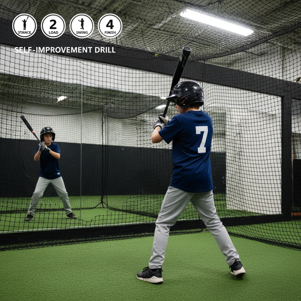 Youth player performing dry swing drill in batting cage with mirror reflection showing proper form and numbered swing sequence overlay