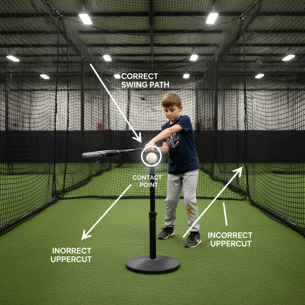 Youth player hitting ball from elevated tee position with swing path graphics showing proper bat angle and contact point