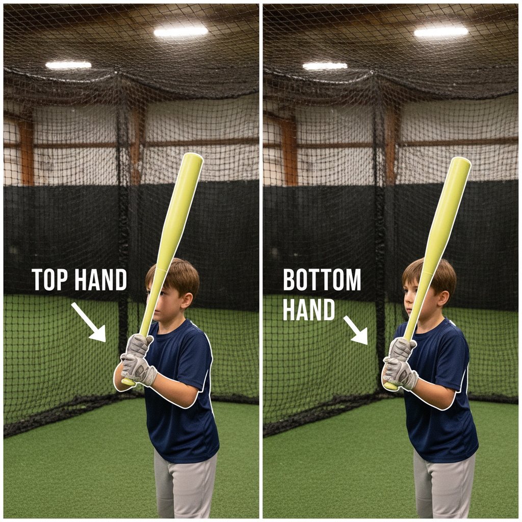Youth baseball player performing one-hand batting drill in cage with overlay showing top hand and bottom hand technique differences