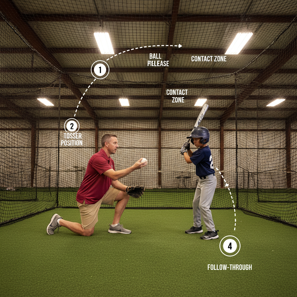 Coach performing soft toss drill with young player in batting cage, showing proper toss position and player's swing mechanics with step-by-step overlay