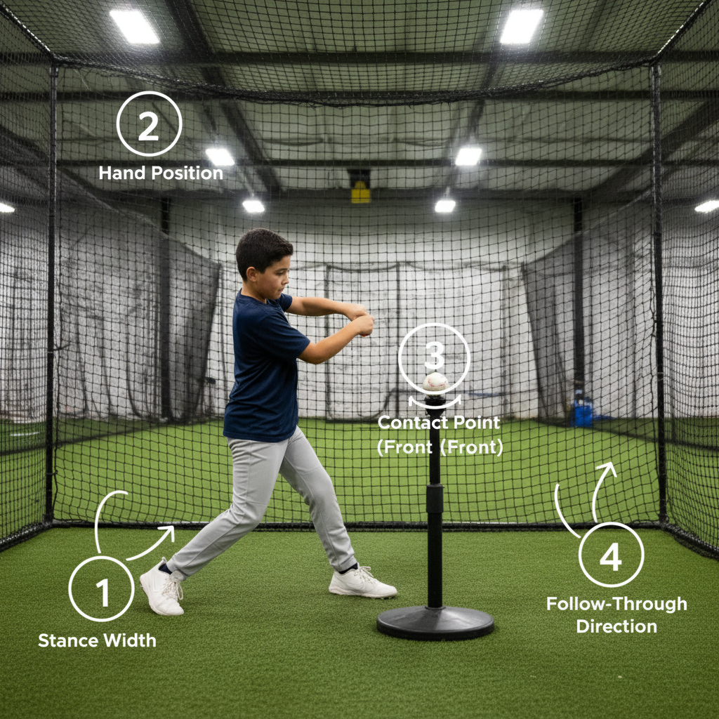 Youth baseball player performing tee work drill in batting cage with instructional overlay showing proper stance, hand position, and swing path